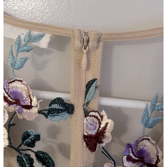 Honey Belle nude romper, shorts w/sheer overlay, floral/flower embroidery design - Picture 6 of 9